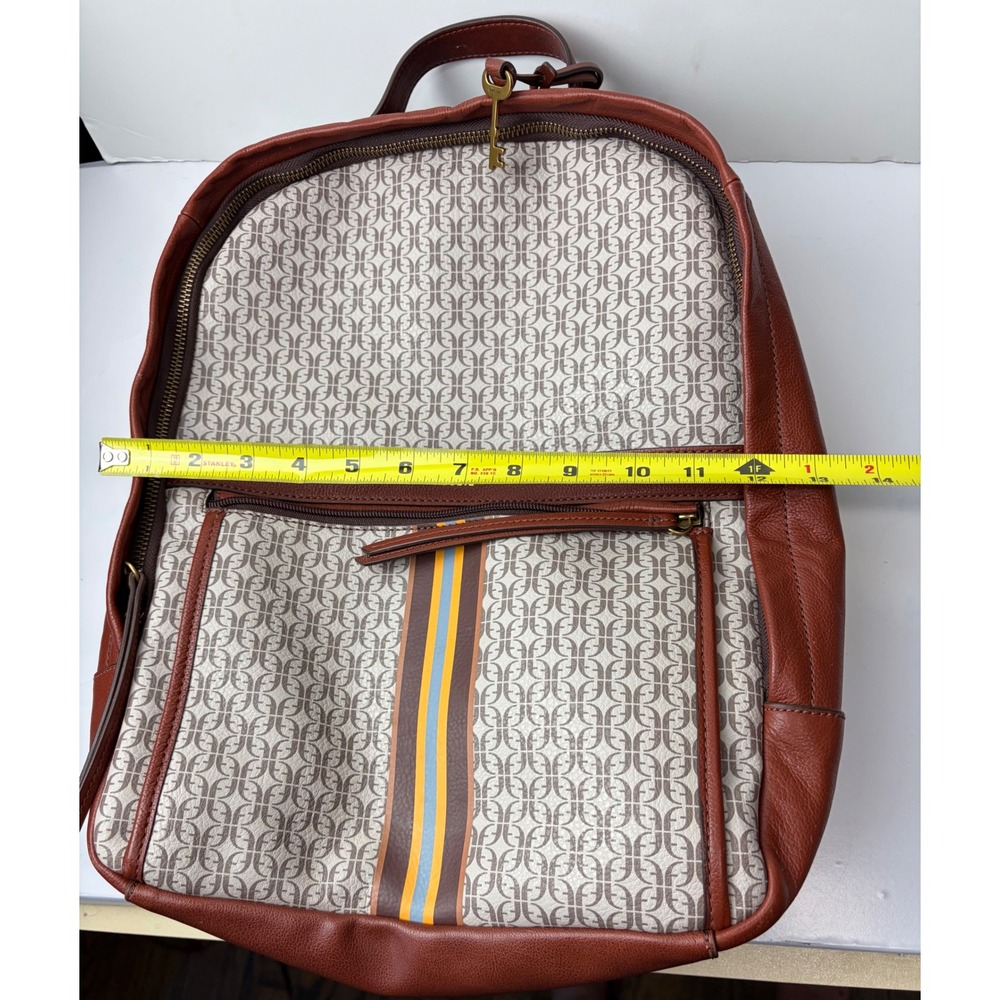 Fossil Tess Laptop Backpack Brown Leather Monogram Stripe Womens - Picture 9 of 10